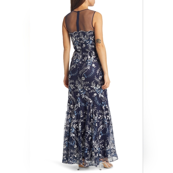 NWT Eliza J Floral Sequin Embroidered Sheer Yoke Gown in Navy, SZ 2 - Picture 2 of 6